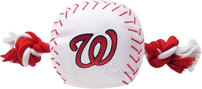 MLB WASHINGTON NATIONALS Baseball Rope Toy for DOGS & CATS. Tough nylon, Sporty Baseball Design, Heavy-duty ropes with Inner SQUEAKER
