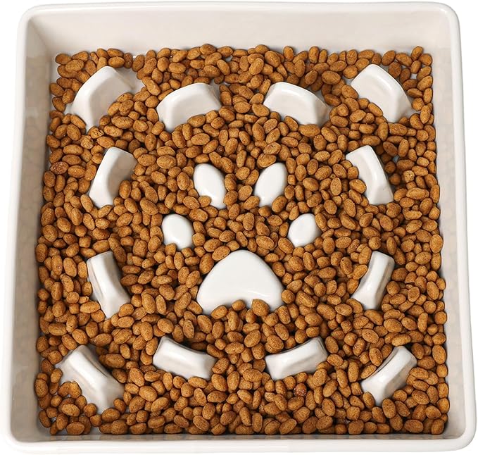 GDCZ Dog Slow Feeder Bowls, Square Ceramic Pet Food Bowl for Medium Breed, Fun Dog Bowls to Slow Down Eating (White, M-1.8 Cups)