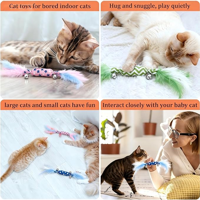 Catnip Toy Candy Shape with Bright Colors Feathers & Bell, Kicker Chew Toy for Indoor Cats, Enrichment Toys for Bored Kittens & Adult Cats, 3-Pack Crinkle Plush Toys for Teething and Play