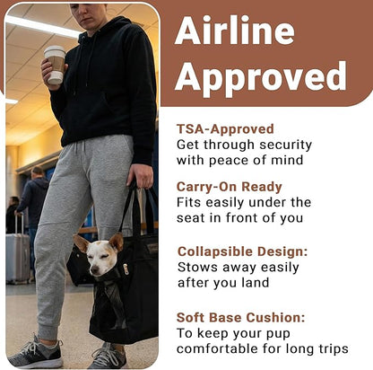 Airline Pet Tote – Dog & Cat Travel Bag, Soft-Sided Dog Carrier with Mesh Panels, Pockets & Removable Cushion, for Pets, Black