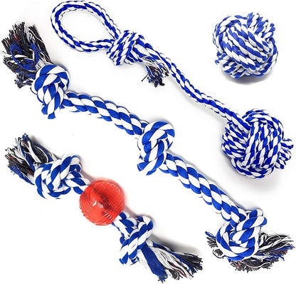 Rope Toys for Large Dogs & Puppies 4-Pack – Natural Cotton Rubber Tug-of-War Toy Set – Tough Dog Toys for Aggressive Chewers Improve Dental Hygiene – Machine-Washable Dog Rope Toy Ropes