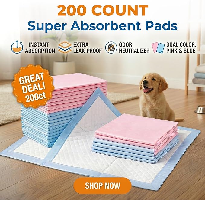 Dog Pee Pads 200 Count (Up to 100 Days) 23x23” – MoMoCo Dual Color (Pink & Blue) Super Absorbent 6-Layer Leak-Proof Puppy Training Pads, Bulk Value Pack for Multi-Pet Homes