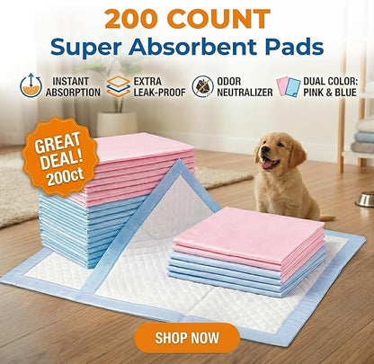 Dog Pee Pads 200 Count (Up to 100 Days) 23x23” – MoMoCo Dual Color (Pink & Blue) Super Absorbent 6-Layer Leak-Proof Puppy Training Pads, Bulk Value Pack for Multi-Pet Homes