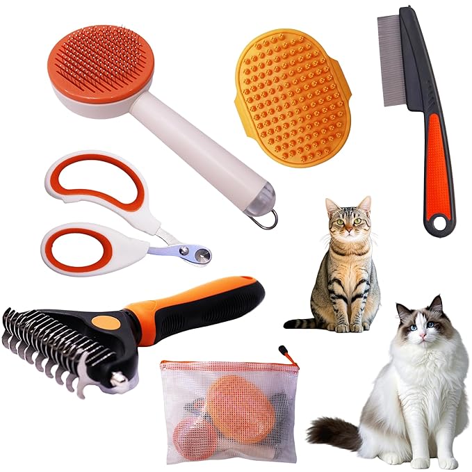 Cat grooming kit,5pcs Deshedding Brush for Cat with Kitten Nail Clipper,Cat Brush,Flea Comb and Bath Brush,Suitable for Short and Long Haired Cats,Indoor Cats and Travel,Orange