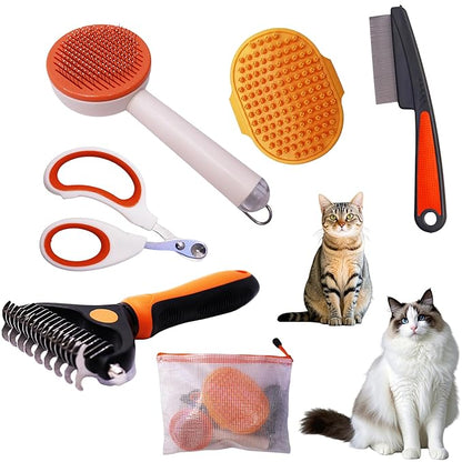 Cat grooming kit,5pcs Deshedding Brush for Cat with Kitten Nail Clipper,Cat Brush,Flea Comb and Bath Brush,Suitable for Short and Long Haired Cats,Indoor Cats and Travel,Orange