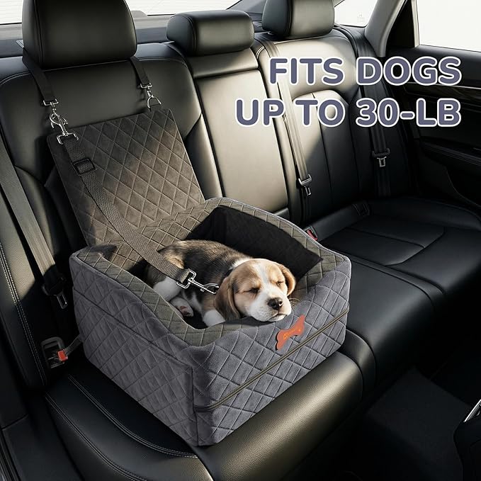 Dog Car Seat for Small Medium Dogs, 6" Elevated Booster Seat with ISOFIX Safety Fixation, Washable Cover & High Density Memory Foam, Portable for Car Front/Rear/Trunk Home Outdoor Use (Charcoal Gray)
