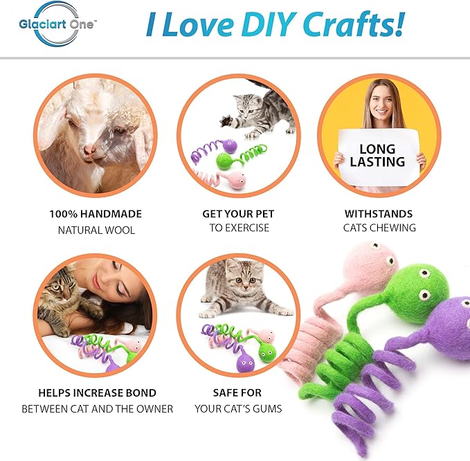 Glaciart One Felt Spring Cat Toy – 3 Pcs Soft Fuzzy Enrichment 100% Natural Wool - Interactive Stretchable Play Set - Safe for Pets, Non-AZO Colored Dyes - 4” Long