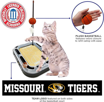 NCAA Missouri Tigers Basketball Court Scratcher Toy with Catnip Filled Plush Basketball & Feather Cat Toy Hanging, Jingle Bell Interactive Ball