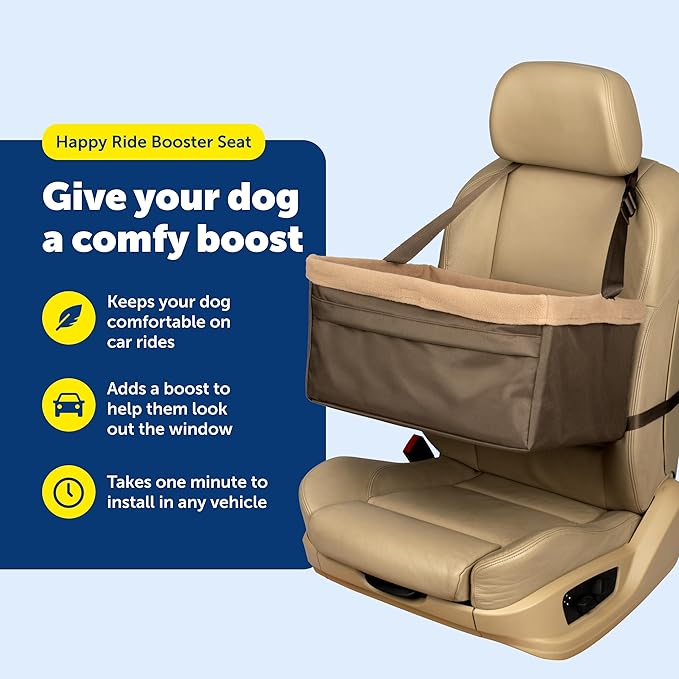 PetSafe Happy Ride Booster Seat for Dogs - Open Road Comfort - Safe Tether System - Zipper Pouch Dog Seat - Machine Washable Fleece Liner - Easy Install Design - Brown - Up to 25 lb