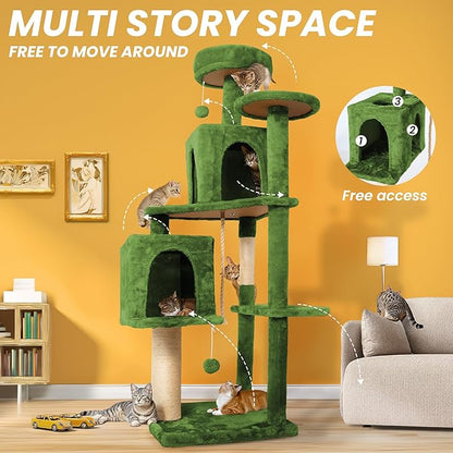 58in Large Cat Tree Tower for Indoor Cats with Soft Plush Hang Ball, Two Condos, Sisal Scratch Posts & Rope Play for Kittens/Adult Cats, Green