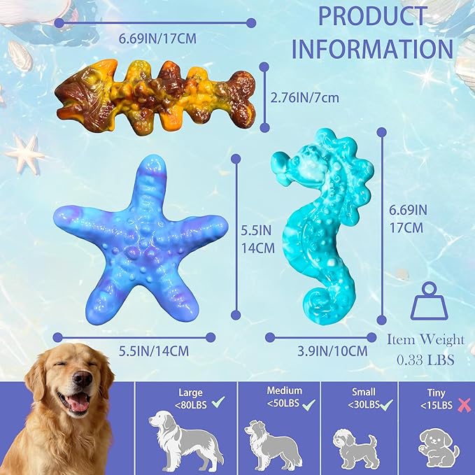 Dog Toys for Aggressive Chewers,3 Pack Indestructible Bone Toy, Ocean Series,Bacon Flavored,Durable Nylon Chew Toys for Medium & Large Breeds, Teeth Cleaning, Keep Them Busy