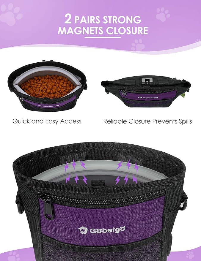 Gobeigo Dog Treat Pouch, Magnetic Closure & Sealable Silicone Bag Insert, 4-Cup Capacity – Belt Clip/Waist Belt/Crossbody Wear, Clicker Included – Great for Pet Training & Walking (Purple)