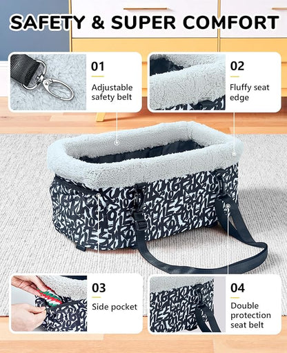 BurgeonNest Center Console Dog Car Seat for Small Dogs, Puppy Cat Car Seat Booster with Soft Cushion Safety Belt, Seats Safe & Cozy Metal Frame Armrest Dog Booster Pet Under 11 lbs (Graffiti)