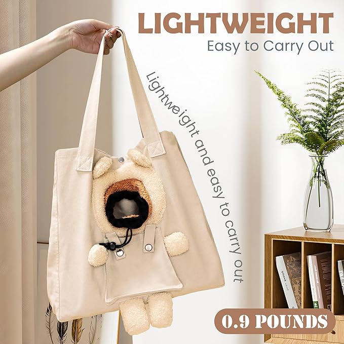 Pet Canvas Shoulder Carrying Bag, Cute Khaki Bear Shaped Cat Carrier, M Size Portable Kitten & Puppy Tote, Comfort Carriers for Small Dogs, Cats, and Pets, Handbag for Outdoor, Shopping, and Camping