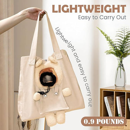 Pet Canvas Shoulder Carrying Bag, Cute Khaki Bear Shaped Cat Carrier, M Size Portable Kitten & Puppy Tote, Comfort Carriers for Small Dogs, Cats, and Pets, Handbag for Outdoor, Shopping, and Camping