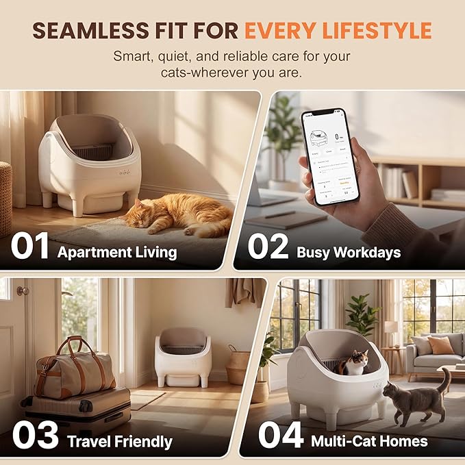 Self Cleaning Cat Litter Box, Greesum Automatic Open-Top Smart Litter Box with App Control, 15L Odor-Sealed Waste Bin, Quiet 35dB, Safety Sensors for Large Cats & Multi-Cat Homes