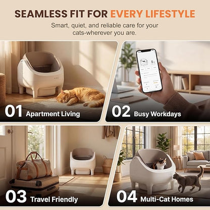 Self Cleaning Cat Litter Box, Greesum Automatic Open-Top Smart Litter Box with App Control, 15L Odor-Sealed Waste Bin, Quiet 35dB, Safety Sensors for Large Cats & Multi-Cat Homes