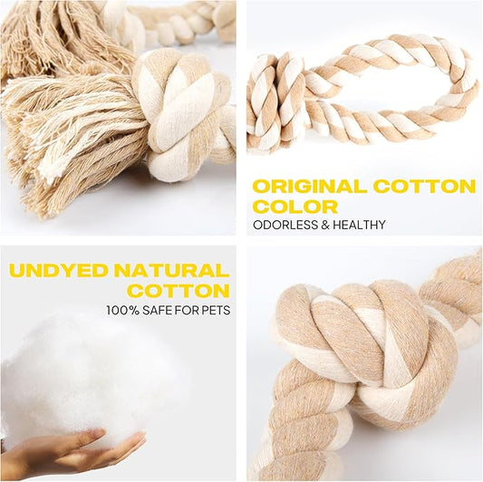 PetiFine Dog Rope Toys for Aggressive Chewers - Large, Tough Indestructible Natural Cotton Rope Toy with 3 Big Knots and a Handle for Tug of War