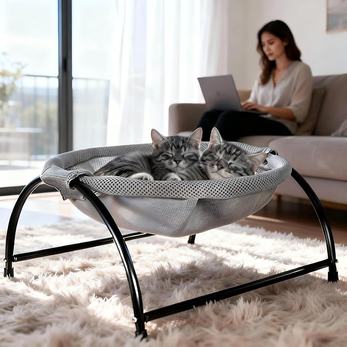 Elevated Cat Hammock Bed - Breathable Mesh & Powder-Coated Steel Frame, Detachable Machine Washable Pet Bed with Anti-Slip Pads, Indoor/Outdoor Use, Easy Tool-Free Assembly