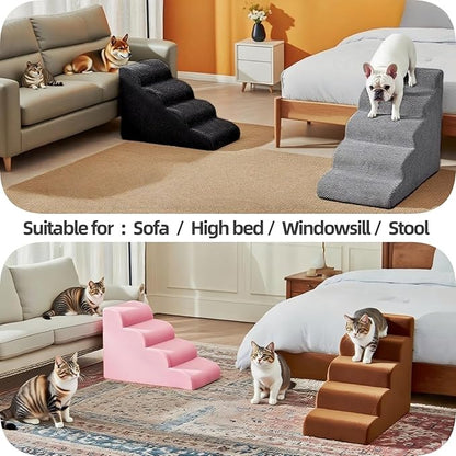5 Step Pet Stairs Ramp for High Beds Sofas 23-30 Inch with Sturdy Non Slip Waterproof Pads, Machine Washable Cover Indoor Balanced Design for Cats Dogs Small Medium Large XL Pets Black, Large