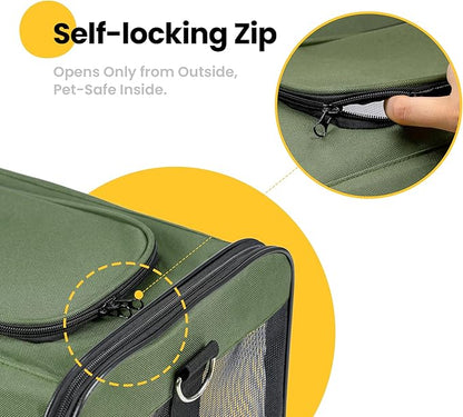 Cat Carrier Airline Approved, Soft-Sided Dog Carrier with Inner Safety Leash, Pet Transport Carrier for Small-Medium Cats Puppies up to 15 Lbs, Collapsible Travel Kitten Carrier Bag -Green M