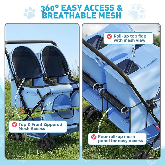 Magshion Side by Side Double Dog Stroller for 2 Small Dogs, Foldable Twin Pet Stroller with Breathable Mesh, Storage Basket, Swivel Wheels for Outdoor Walks & Daily Use, Blue