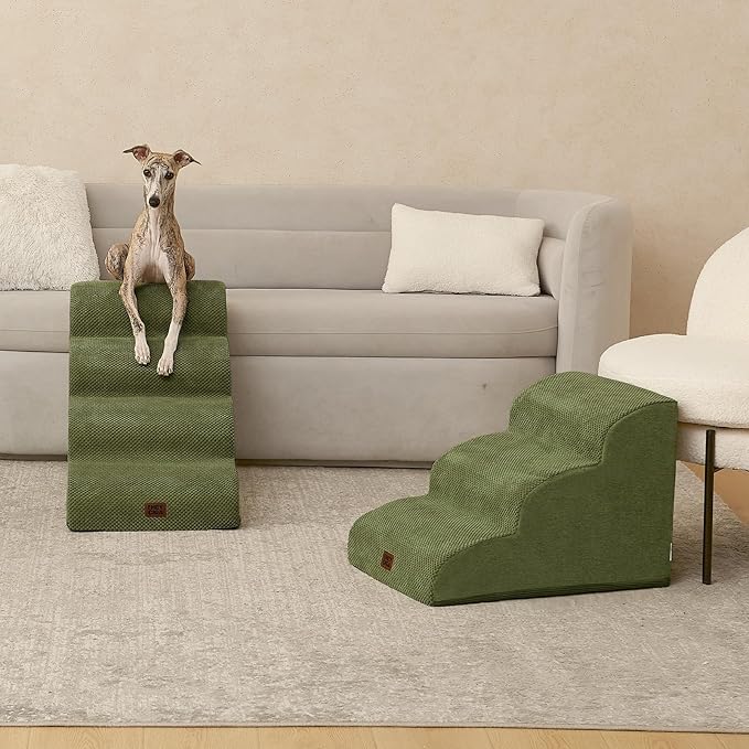 EHEYCIGA Curved Dog Stairs Ramp for Small Dogs 15.7" H, 3-Step Dog Steps for Couch Sofa and Chair, Pet Stairs for Cats, Non-Slip Balanced Pet Steps Indoor, Olive Green