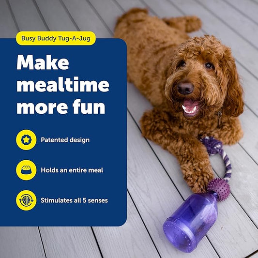 PetSafe Busy Buddy Tug-A-Jug - BPA-Free Refillable Treat Holder for Heavy Aggressive Chewers - Multi-Sensory Stimulation to Relieve Boredom, Encourage Play & Slow Down Eating - Medium/Large