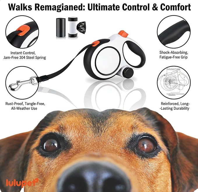 26Ft Heavy Duty Retractable Dog Leash with Dispenser and Poop Bags, for Small, Medium & Large Dogs Up to 110Lbs, 360° Tangle-Free Design and a Durable Chrome Plated Hook