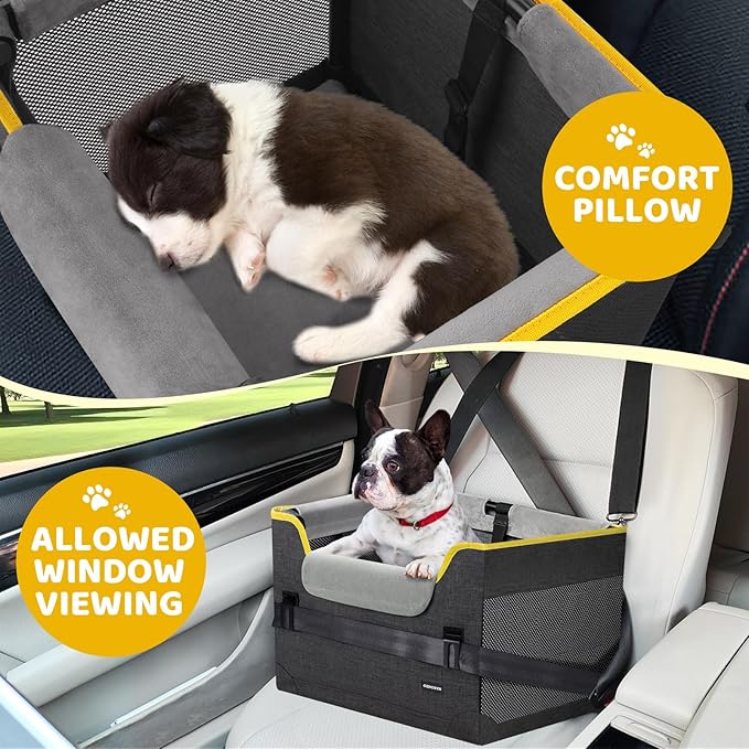 GENORTH Dog Car Seat for Small Dogs,Detachable Pet Car Seat Under 20 lbs,Dog Booster Seat with Cozy Chin Rest,Cushion and Safety Belt, (Gray)
