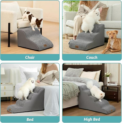 Dog Stairs for Small Dogs 19.7" H, Curved Dog Step for Puppy, Older or Cat, Medium Pet Ramp for Sofa, Couch or Bed, Ladder with High Density Foam, 4 Step, 15.7x28.3x19.7 inch, Dark Grey