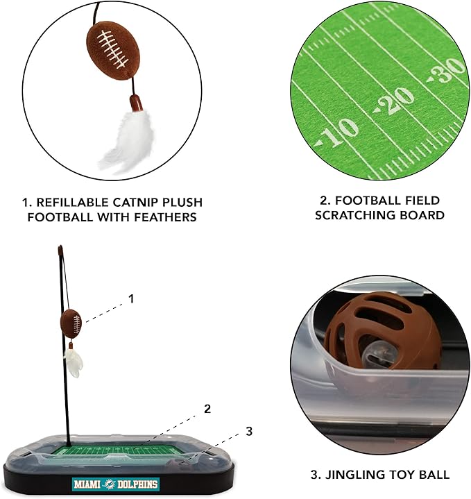 Cat Football Field NFL MIAMI DOLPHINS FOOTBALL FIELD CAT SCRATCHER TOY with CATNIP Filled Plush FOOTBALL Toy & Feather Cat Toy hanging, with Jingle Bell INTERACTIVE BALL Cat Chasing 5-in-1 KITTY Toy