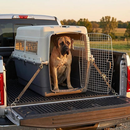 SportPet Airline Compliant XXX-LARGE 44" Travel Dog Kennel-Durable Plastic Airline Pet Carrier w/Removable Wheels & Food Bowls, Collapsible Indoor/Outdoor Dog Kennel, Dogs up to 44"L & 33"H-Cream/Gray