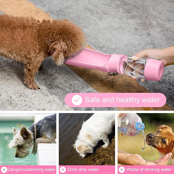 Dog Water Bottle with Food Container, Foldable Puppy Travel Water Dispenser Cup, Leak Proof Portable Dog Water Bowl Summer Accessories for Pet Outdoor Walking Hiking (Pink)