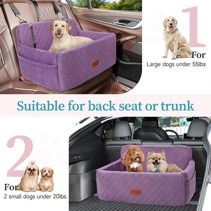 HEGGCOOE Dog Car Seat for Medium/Large Dogs, Pet Booster Seat for Under 55 lbs or 2 Small Dogs, Detachable & Washable Dog Car Bed for Backseat with 2 Safety Leashes (Purple)