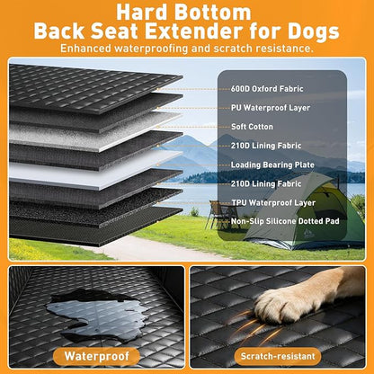 HOB4U Dog Car Seat Cover for Back Seat, Hard Bottom Back Seat Extender for Dogs, Dog Hammock for Car SUV and Trucks - Waterproof, Anti Scratch，Easy to Clean, Supports 400lbs