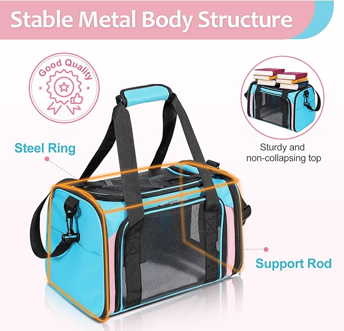Discala Cat Dog Carrier Pet Carrier for Small Medium Cats Puppies Dog Carriers for Small Dogs Collapsible Soft Sided Cat Travel Carrier - Blue&Pink 21 * 13 * 13