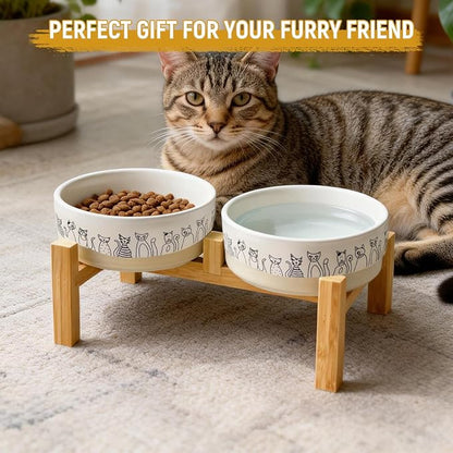 Ceramic Cat Bowls Set of 2，6.1inch Wide Cat Food Bowl with Cute Patterns Printing for Small Medium and Large Breed Dogs and Cats,Weighted Pet Feeding Dishes for Food and Water Dishwasher Safe