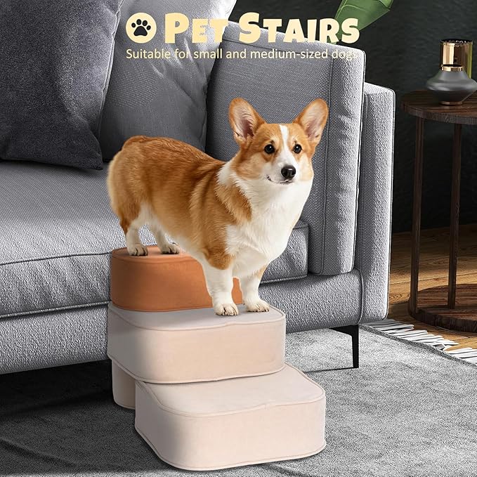 Dog Stairs for Small Dogs, 3 Step Dog Stair for High Bed and Couch, Non-Slip High Density Foam Sturdy Pet Steps with Removable Washable Cover for Older Cat