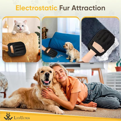 Pet Hair Removal Glove 2 Pack - Electrostatic Cat Hair Remover for Couch Furniture | Dog Hair Remover Magic Brush Reusable | Pet Hair Remover for Clothes Laundry Carpet Car Seat [with Grooming Brush]