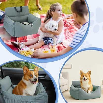 Dog Car Seat for Small Dogs, Pet Booster Seat with Clip-On Safety Leash and Storage Pockets, Washable Travel Dog Car Bed for Puppy (Gray Green)