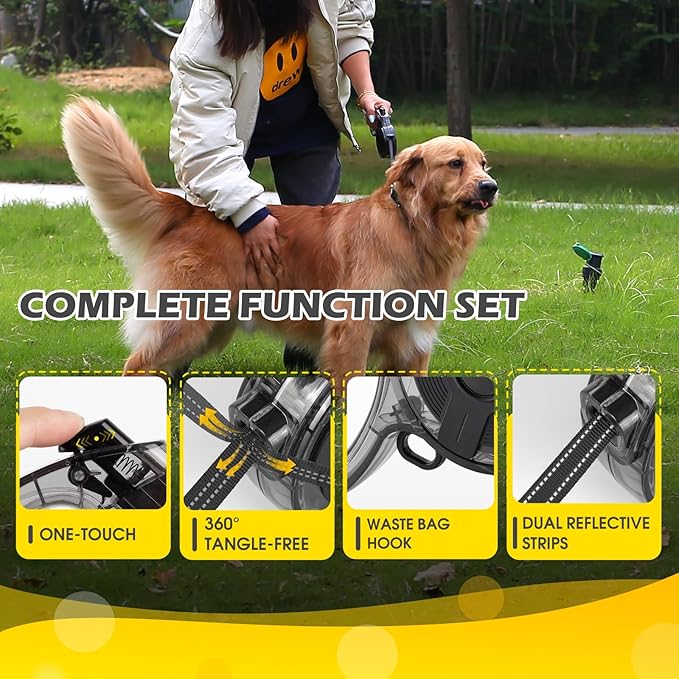 16 ft Retractable Dog Leash, One-Handed Brake, 360° Tangle-Free, Strong Nylon Tape, for Dogs up to 55 lbs