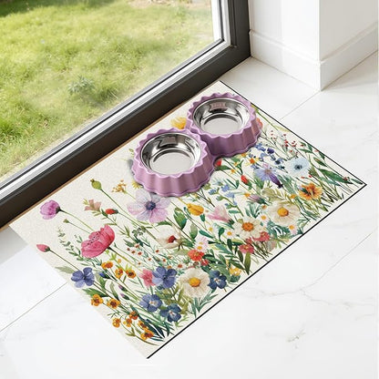 Dog Cat Food Mat - Absorbent Anti Slip Dog Bowl Mats for Food and Water, Quick Dry Cat Feeding Matts for Floors, Diatomite Pet Dish Placemat Accessories Supplies, Wildflower Style, 16 * 24in