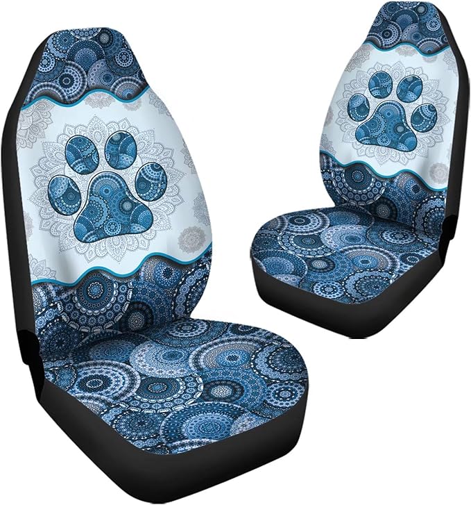 Blue Boho Mandala Dog Paw Printed Car Seat Cover only for Front, Waterproof Soft Universal Bucket Seats Cover Protector Fit Most Vehicles