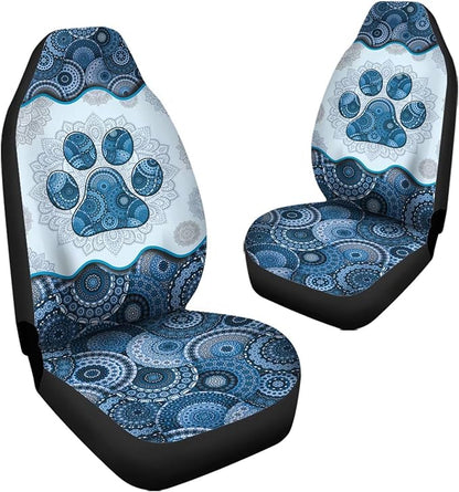 Blue Boho Mandala Dog Paw Printed Car Seat Cover only for Front, Waterproof Soft Universal Bucket Seats Cover Protector Fit Most Vehicles