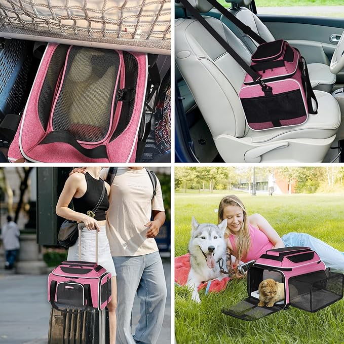 Petskd Top and Side Expandable Pet Carrier 18x11x11 Inches Delta United Airline Approved, Soft-Sided Carrier for Small Cats and Dogs with Locking Safety Zippers and Anti-Scratch Mesh(Pink)