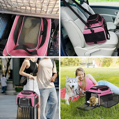 Petskd Top and Side Expandable Pet Carrier 18x11x11 Inches Delta United Airline Approved, Soft-Sided Carrier for Small Cats and Dogs with Locking Safety Zippers and Anti-Scratch Mesh(Pink)
