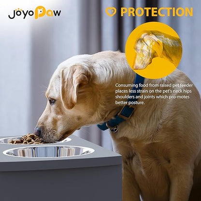 Elevated Dog Bowls, Bamboo Raised Dog Bowl for Large Dogs & Medium Dogs, with 2 Stainless Steel Bowls (10'' Tall–48 oz Bowl, Grey)