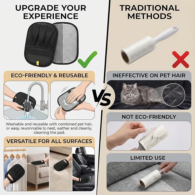 Electrostatic Pet Hair Removal Gloves for Cats & Dogs–Upgraded Reusable Magic Brush Tool for Quick Wiping on Couch,Carpet,Laundry,Car Seat & Pet Beds(3PC,Black)