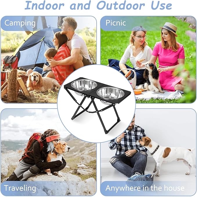 Foldable Elevated Dog Bowl Holder with 2 Large 111oz Stainless Steel Bowls, 14.5" Tall Raised Dog Bowl Stand for Large/Extra Large Breeds, Indoor and Outdoor Use